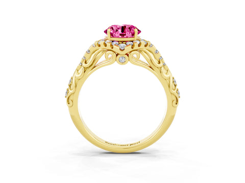 Yellow gold Round Cut Pink Sapphire Solitaire Ring with Hidden Halo and Pavé Band_37