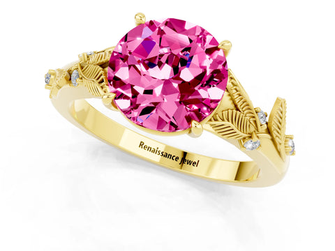 Yellow gold Round Cut Pink Sapphire Solitaire Ring with Leaf Motif Band and Four-Prong Setting_1