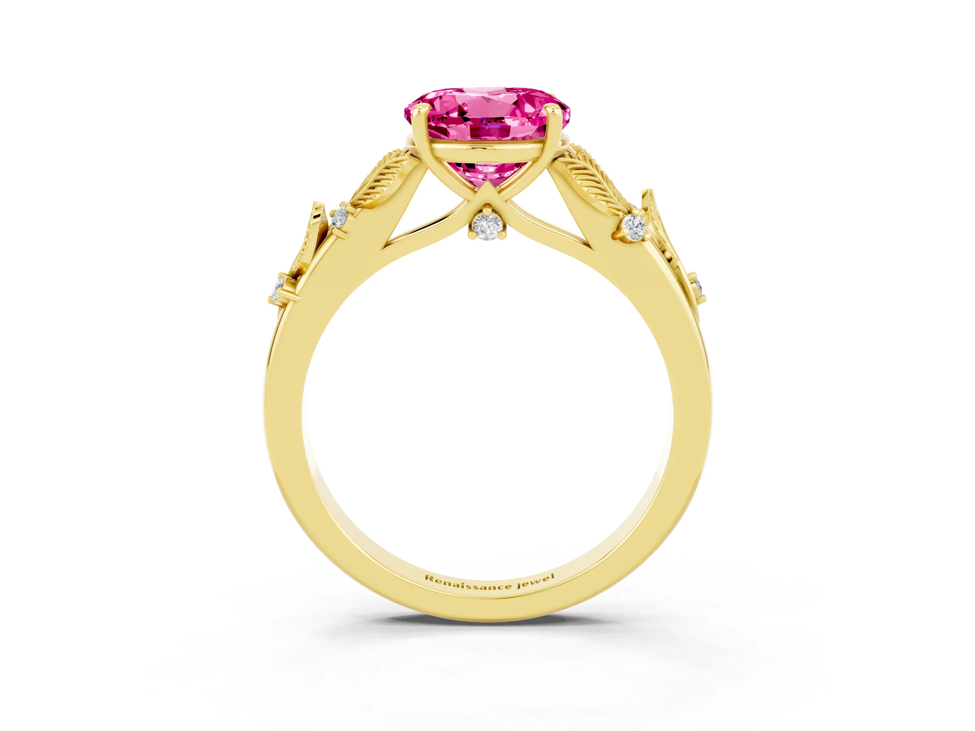 Yellow gold Round Cut Pink Sapphire Solitaire Ring with Leaf Motif Band and Four-Prong Setting_3