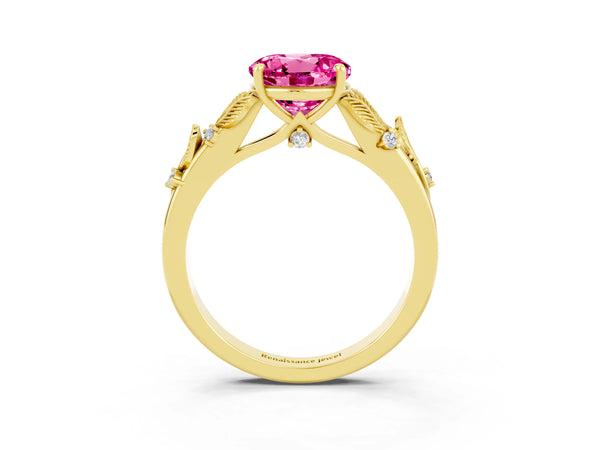 Yellow gold Round Cut Pink Sapphire Solitaire Ring with Leaf Motif Band and Four-Prong Setting