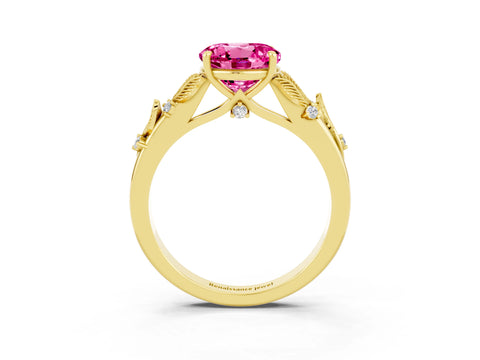Yellow gold Round Cut Pink Sapphire Solitaire Ring with Leaf Motif Band and Four-Prong Setting_3