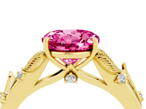 Yellow gold Round Cut Pink Sapphire Solitaire Ring with Leaf Motif Band and Four-Prong Setting_4