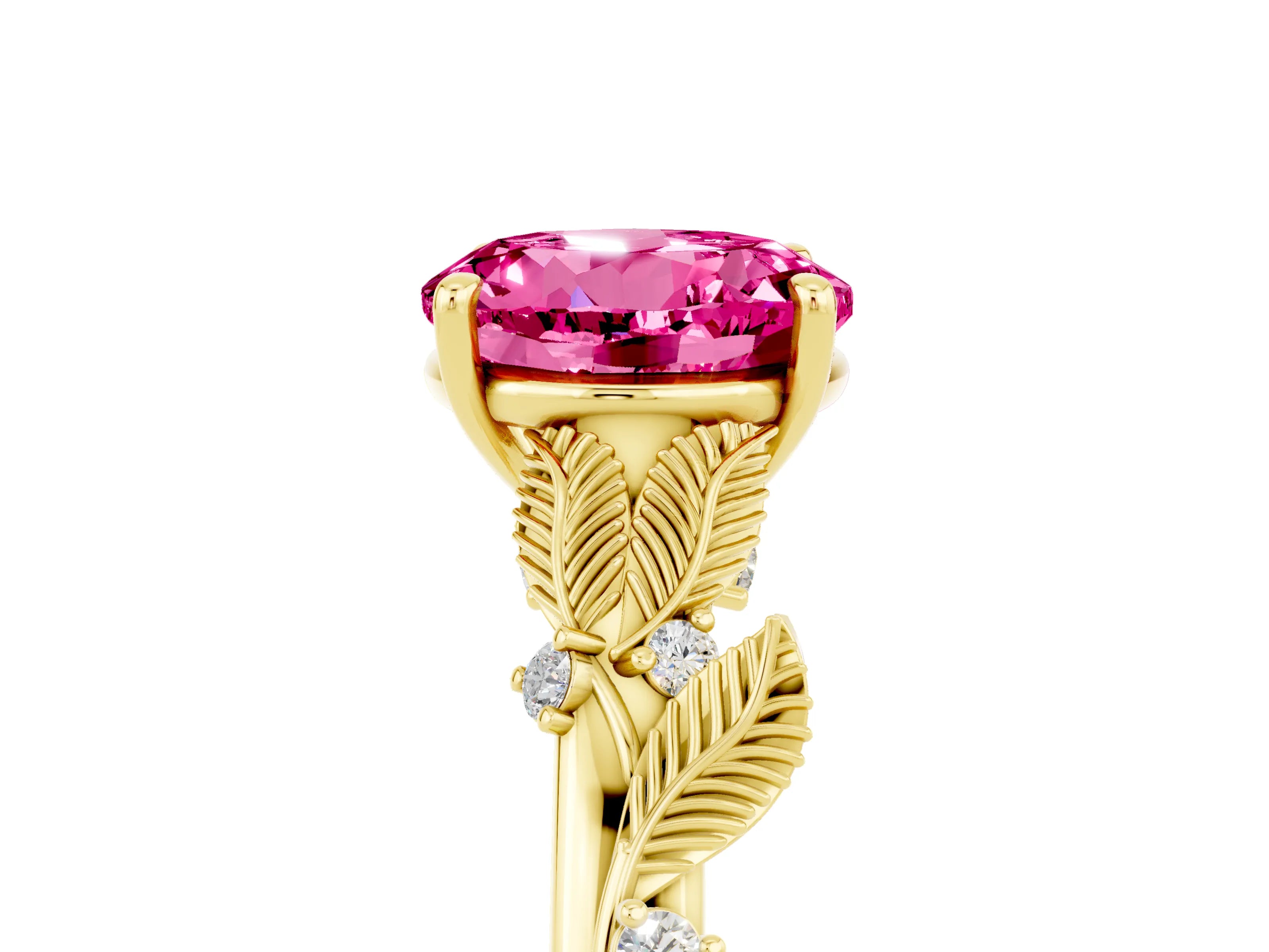 Yellow gold Round Cut Pink Sapphire Solitaire Ring with Leaf Motif Band and Four-Prong Setting_5