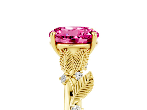 Yellow gold Round Cut Pink Sapphire Solitaire Ring with Leaf Motif Band and Four-Prong Setting_5