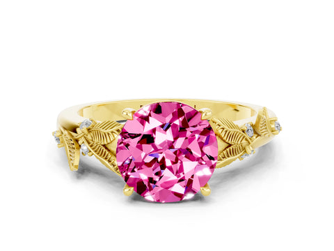 Yellow gold Round Cut Pink Sapphire Solitaire Ring with Leaf Motif Band and Four-Prong Setting