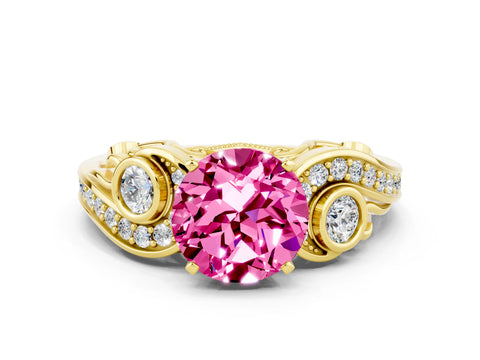 Yellow gold Round Cut Pink Sapphire Solitaire Ring with Milgrain Pavé Band and Four-Prong Setting_24