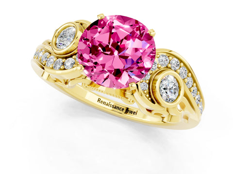 Yellow gold Round Cut Pink Sapphire Solitaire Ring with Milgrain Pavé Band and Four-Prong Setting_25