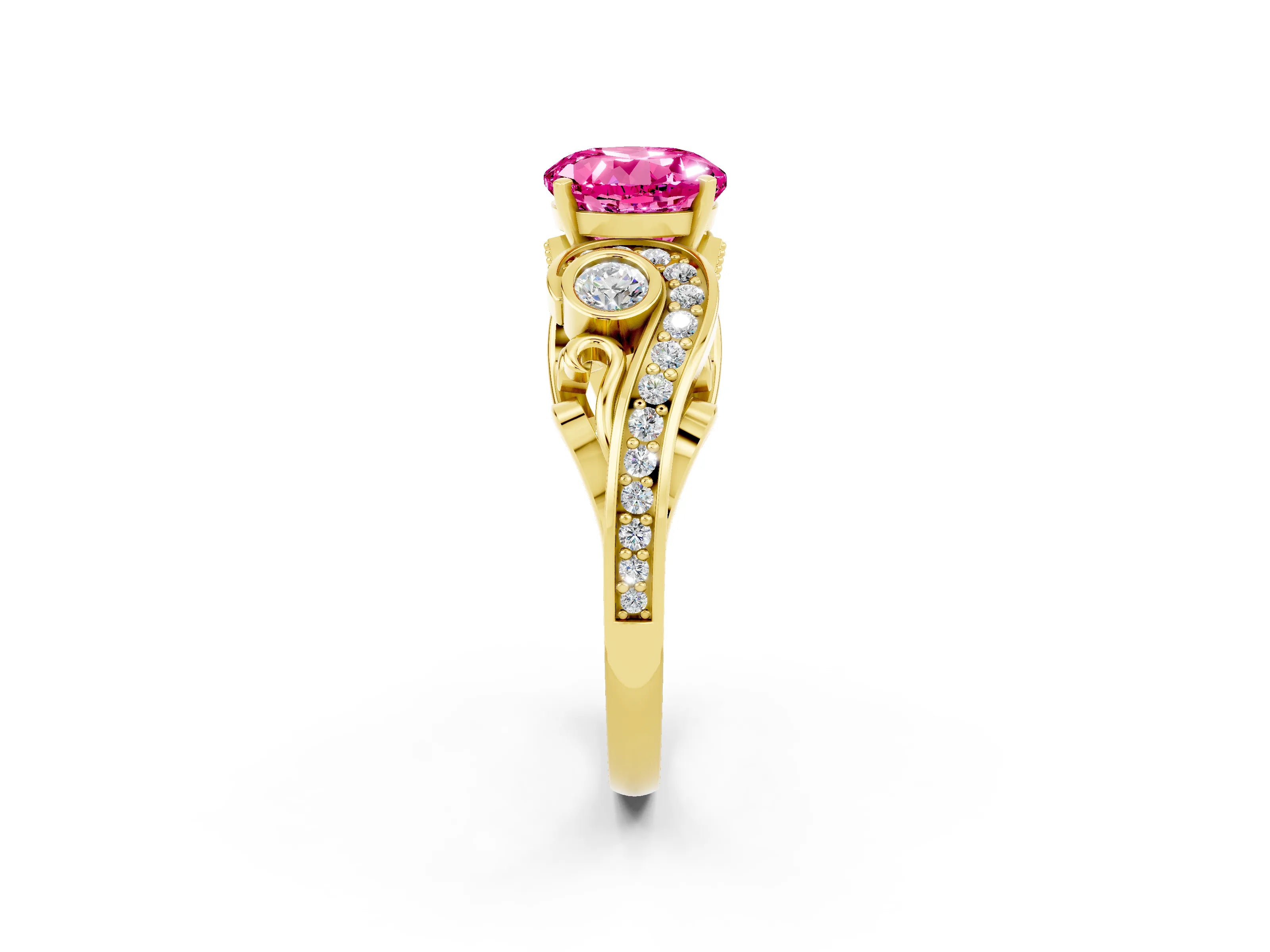 Yellow gold Round Cut Pink Sapphire Solitaire Ring with Milgrain Pavé Band and Four-Prong Setting_26