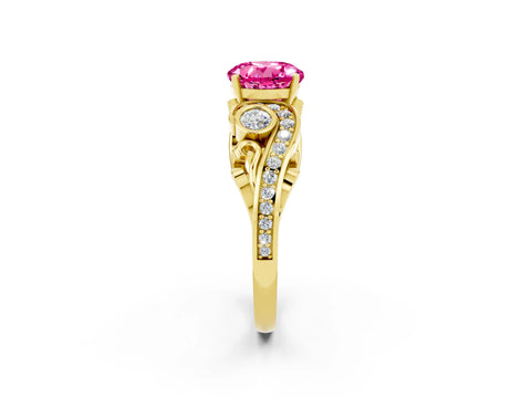 Yellow gold Round Cut Pink Sapphire Solitaire Ring with Milgrain Pavé Band and Four-Prong Setting_26