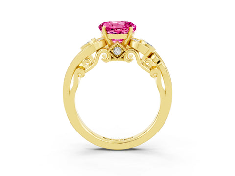 Yellow gold Round Cut Pink Sapphire Solitaire Ring with Milgrain Pavé Band and Four-Prong Setting_27