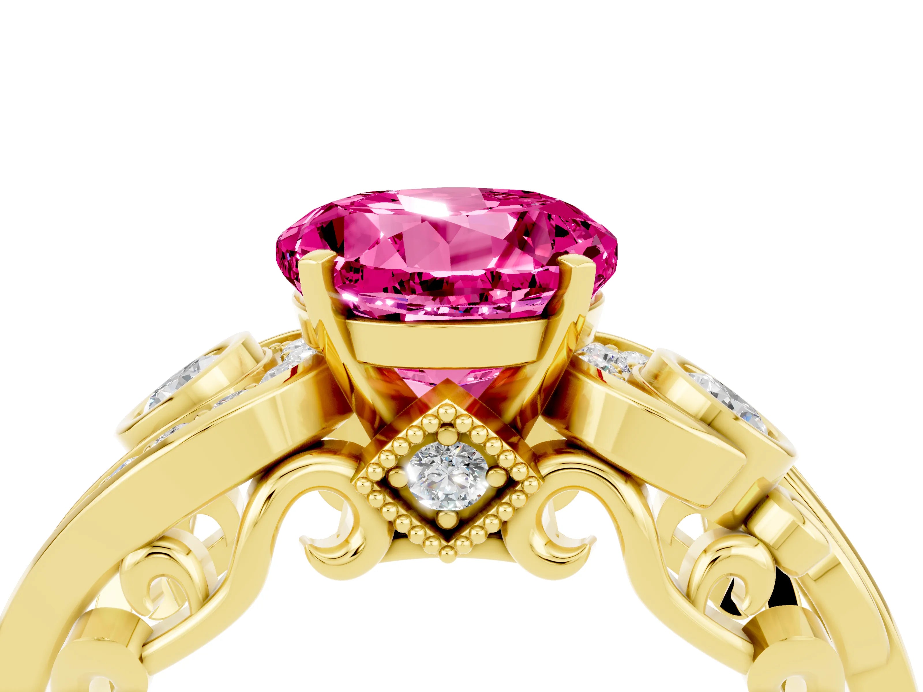 Yellow gold Round Cut Pink Sapphire Solitaire Ring with Milgrain Pavé Band and Four-Prong Setting_28