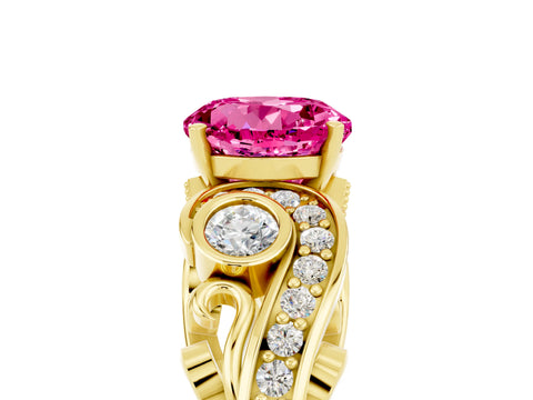 Yellow gold Round Cut Pink Sapphire Solitaire Ring with Milgrain Pavé Band and Four-Prong Setting_29