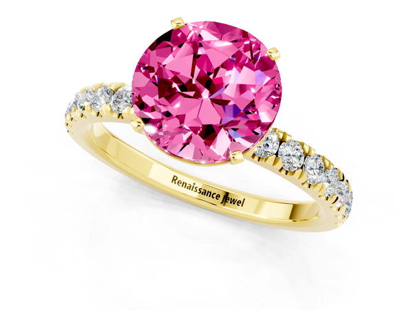 Yellow gold Round Cut Pink Sapphire Solitaire Ring with Pavé Accents and Four-Prong Setting