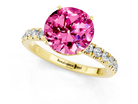 Yellow gold Round Cut Pink Sapphire Solitaire Ring with Pavé Accents and Four-Prong Setting_25