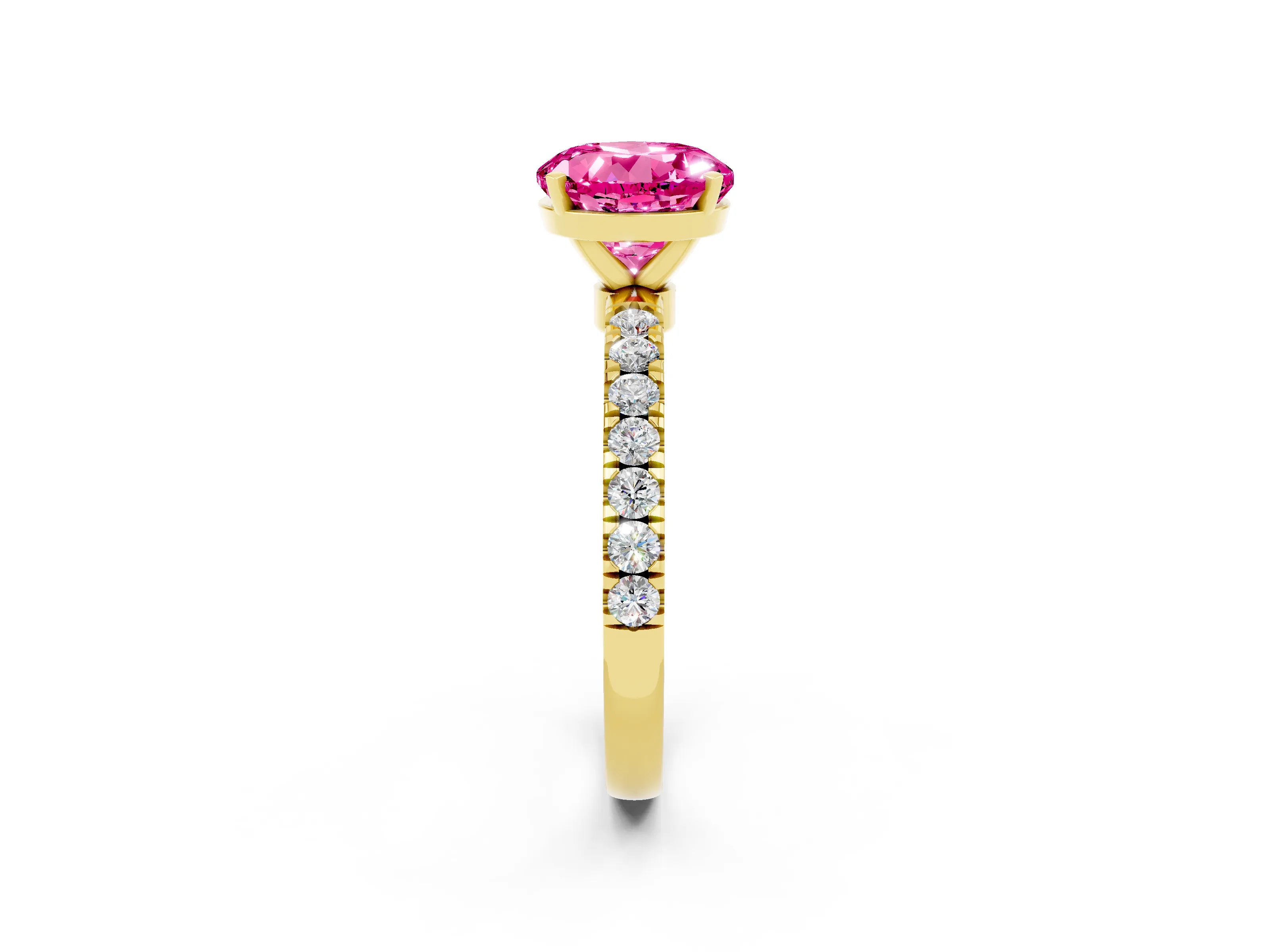 Yellow gold Round Cut Pink Sapphire Solitaire Ring with Pavé Accents and Four-Prong Setting_26