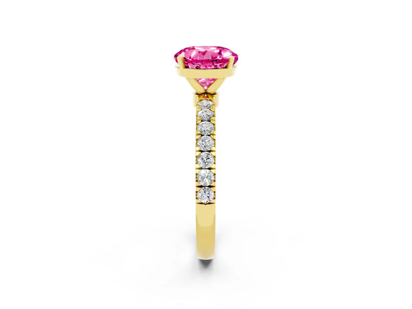 Yellow gold Round Cut Pink Sapphire Solitaire Ring with Pavé Accents and Four-Prong Setting