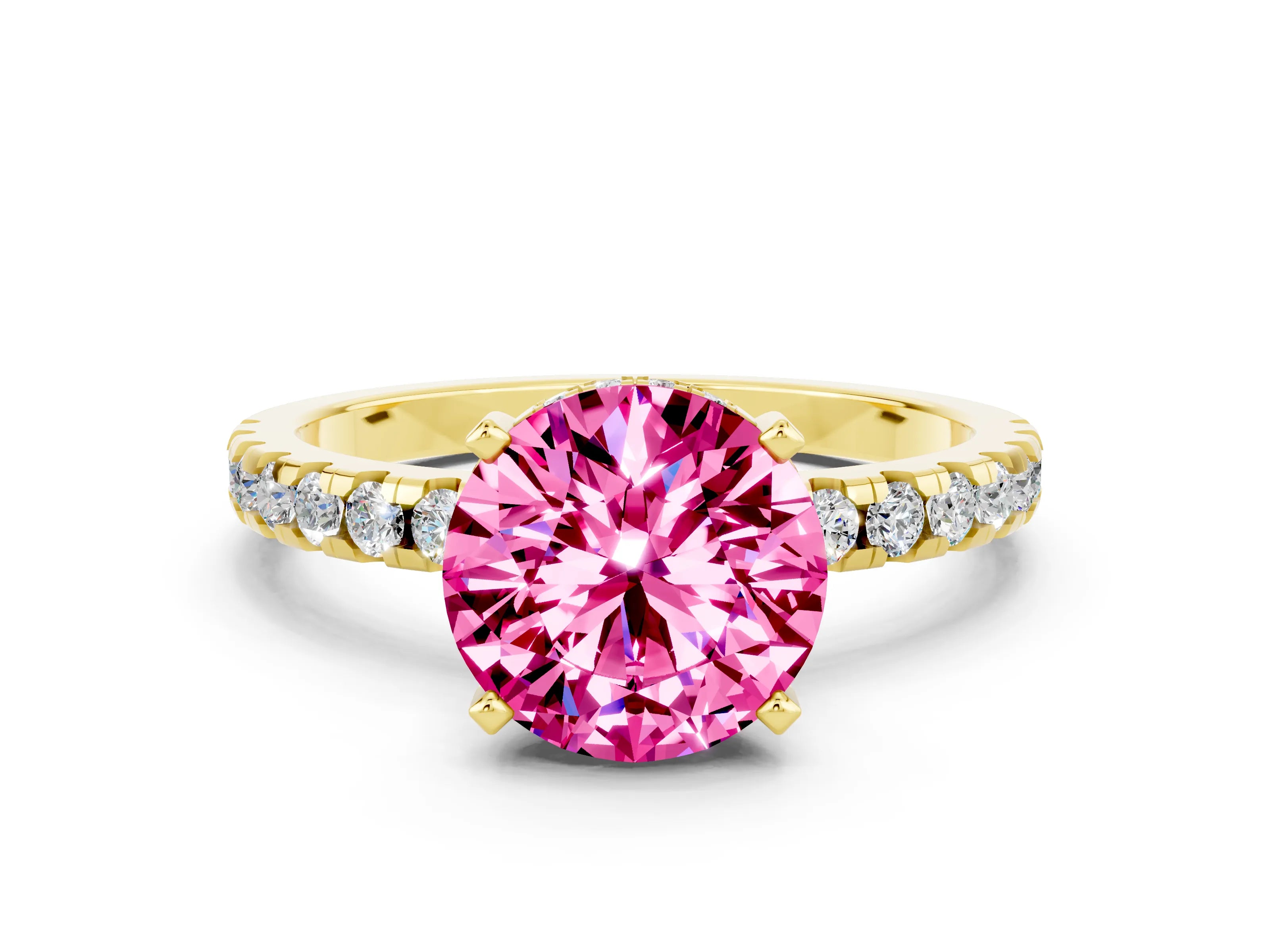 Yellow gold Round Cut Pink Sapphire Solitaire Ring with Pavé Band and Four-Prong Setting_60
