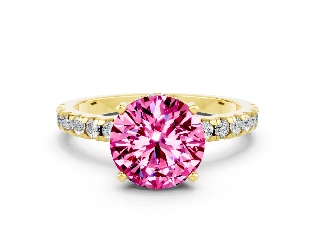 Yellow gold Round Cut Pink Sapphire Solitaire Ring with Pavé Band and Four-Prong Setting_60