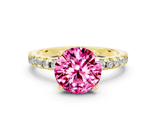 Yellow gold Round Cut Pink Sapphire Solitaire Ring with Round  Pavé Band and Four-Prong Setting
