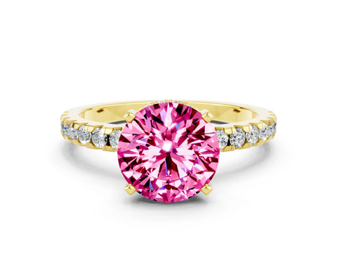 Yellow gold Round Cut Pink Sapphire Solitaire Ring with Pavé Band and Four-Prong Setting_60