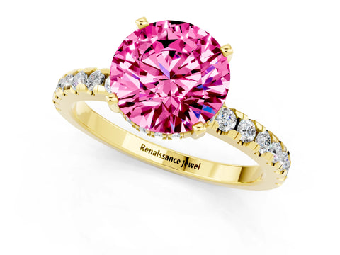 Yellow gold Round Cut Pink Sapphire Solitaire Ring with Pavé Band and Four-Prong Setting_61