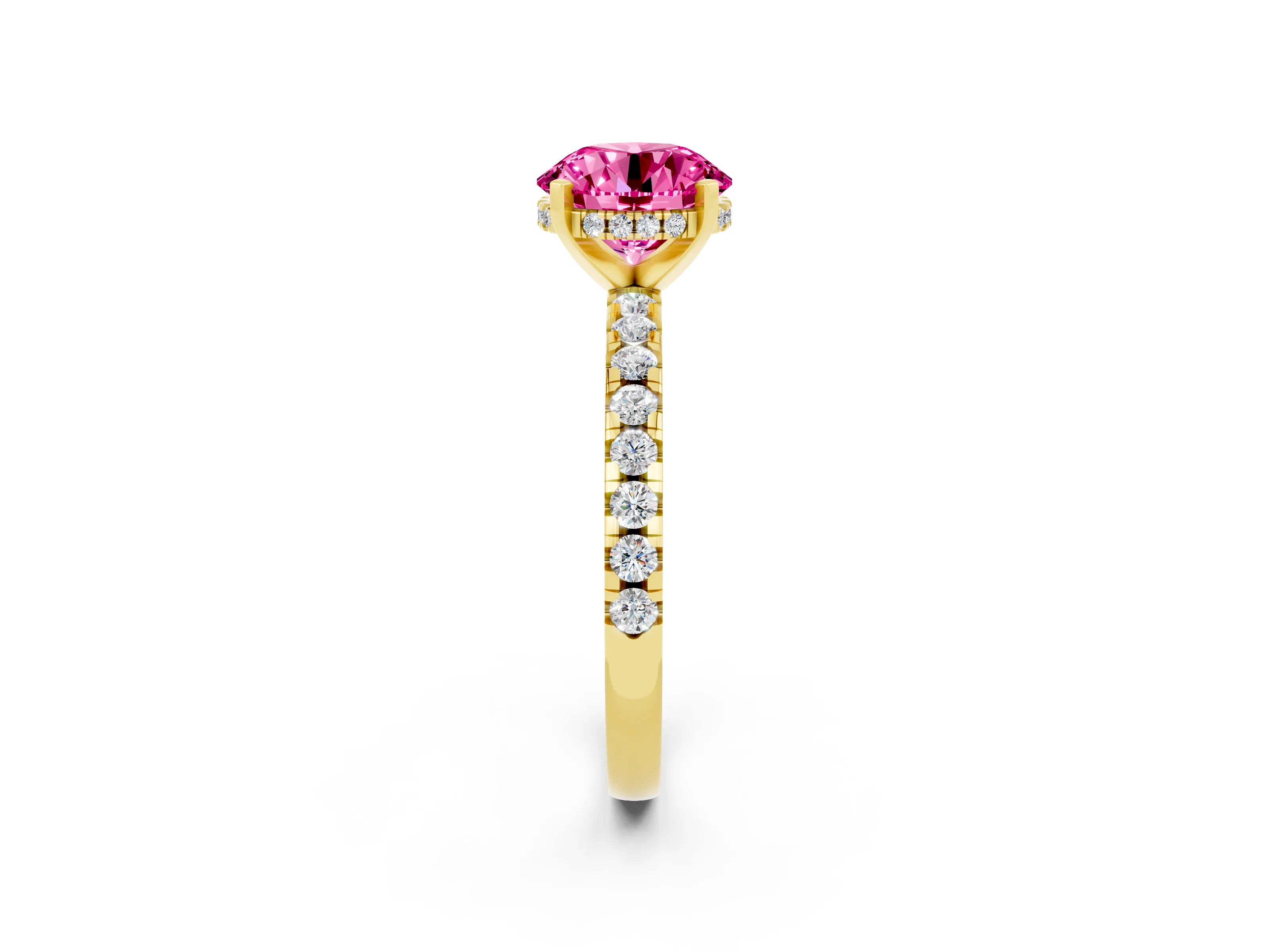Yellow gold Round Cut Pink Sapphire Solitaire Ring with Pavé Band and Four-Prong Setting_62