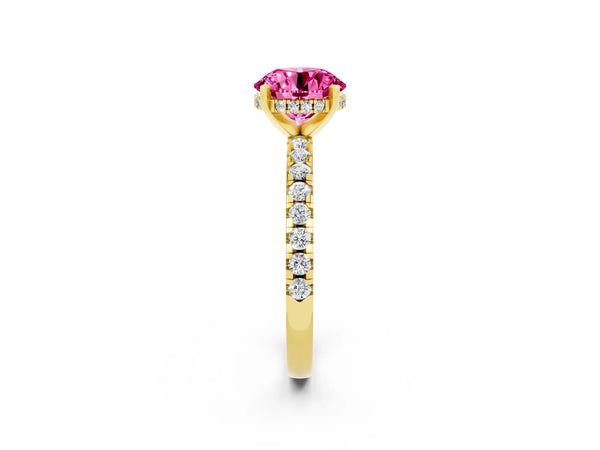 Yellow gold Round Cut Pink Sapphire Solitaire Ring with Round  Pavé Band and Four-Prong Setting