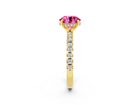 Yellow gold Round Cut Pink Sapphire Solitaire Ring with Pavé Band and Four-Prong Setting_62