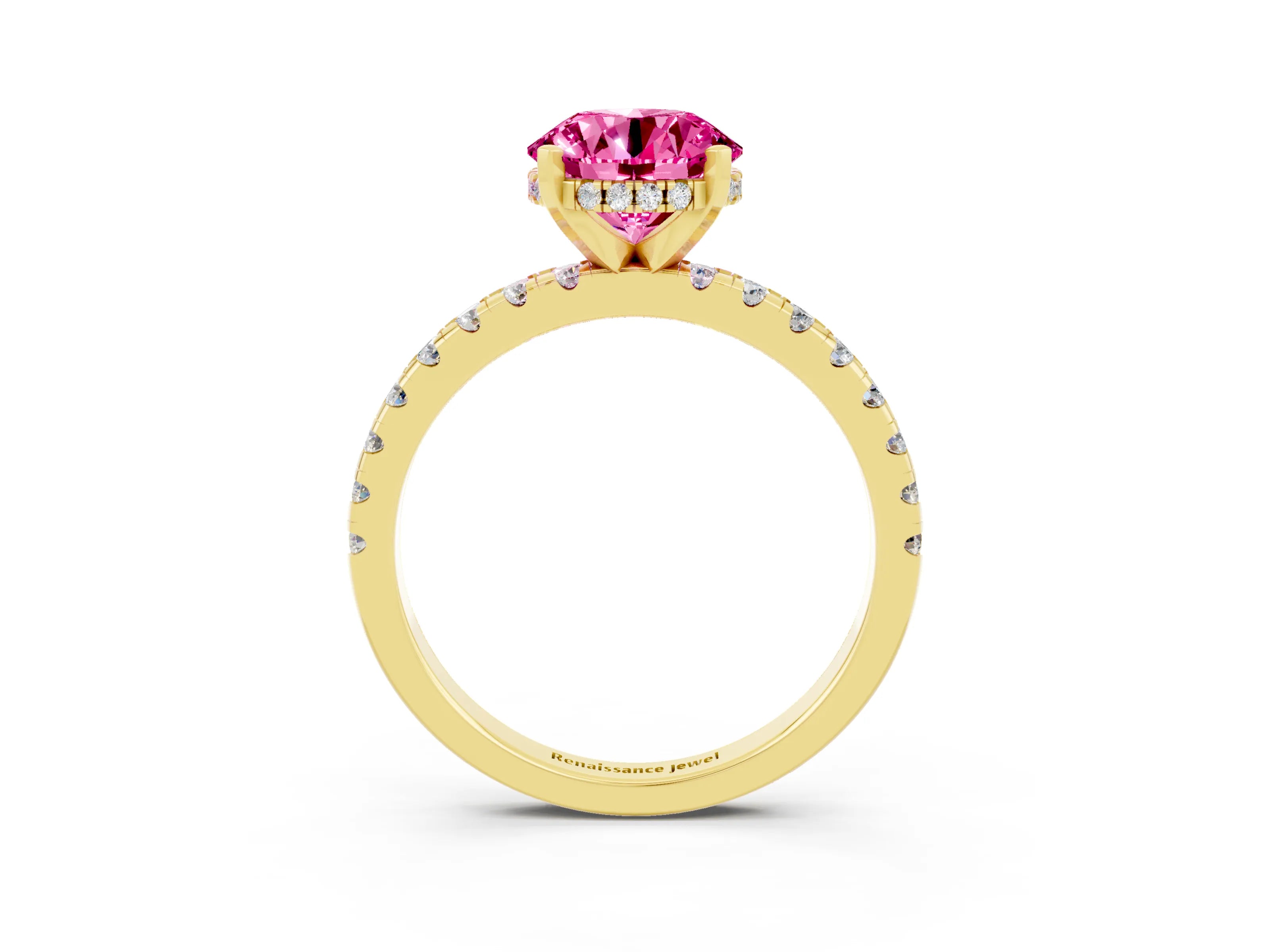 Yellow gold Round Cut Pink Sapphire Solitaire Ring with Pavé Band and Four-Prong Setting_63