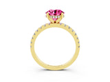 Yellow gold Round Cut Pink Sapphire Solitaire Ring with Pavé Band and Four-Prong Setting_63