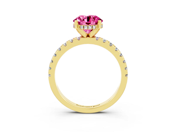 Yellow gold Round Cut Pink Sapphire Solitaire Ring with Round  Pavé Band and Four-Prong Setting
