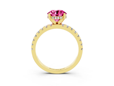 Yellow gold Round Cut Pink Sapphire Solitaire Ring with Pavé Band and Four-Prong Setting_63