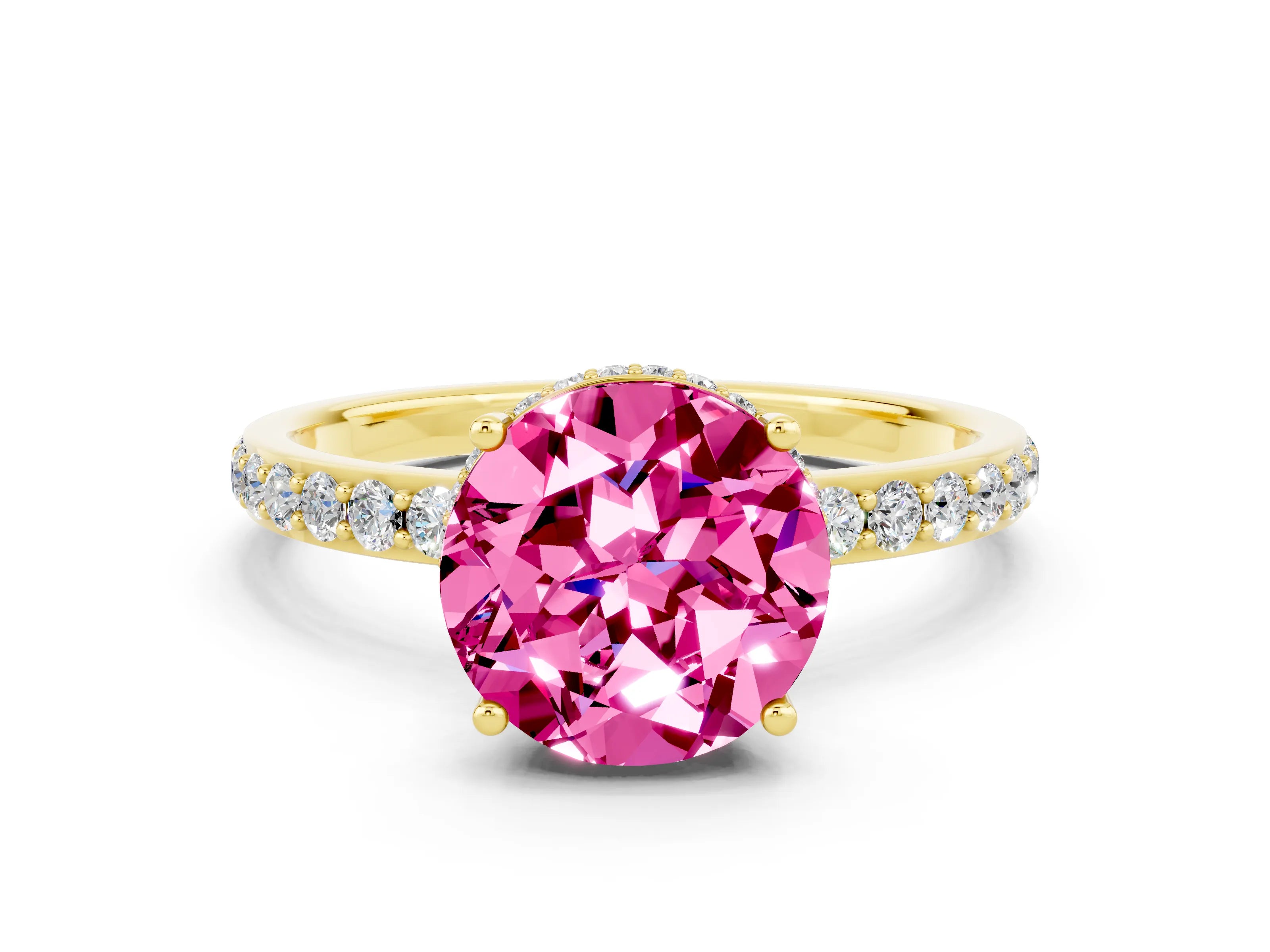 Yellow gold Round Cut Pink Sapphire Solitaire Ring with Pavé Band and Hidden Halo_12