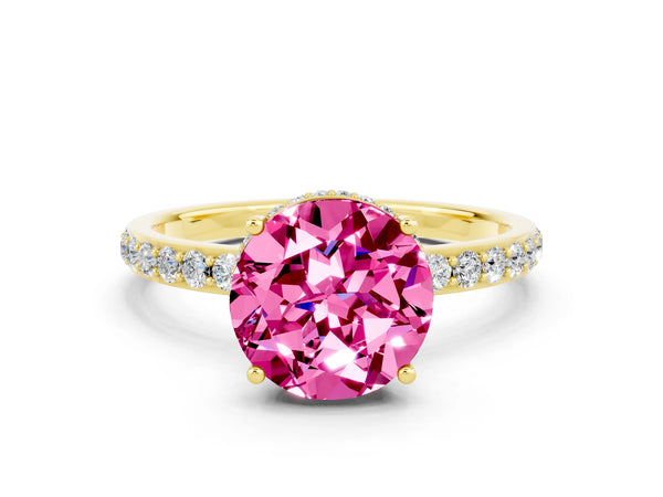 Yellow gold Round Cut Pink Sapphire Solitaire Ring with Pavé Band and Hidden Halo