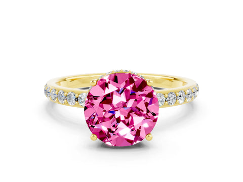 Yellow gold Round Cut Pink Sapphire Solitaire Ring with Pavé Band and Hidden Halo_12