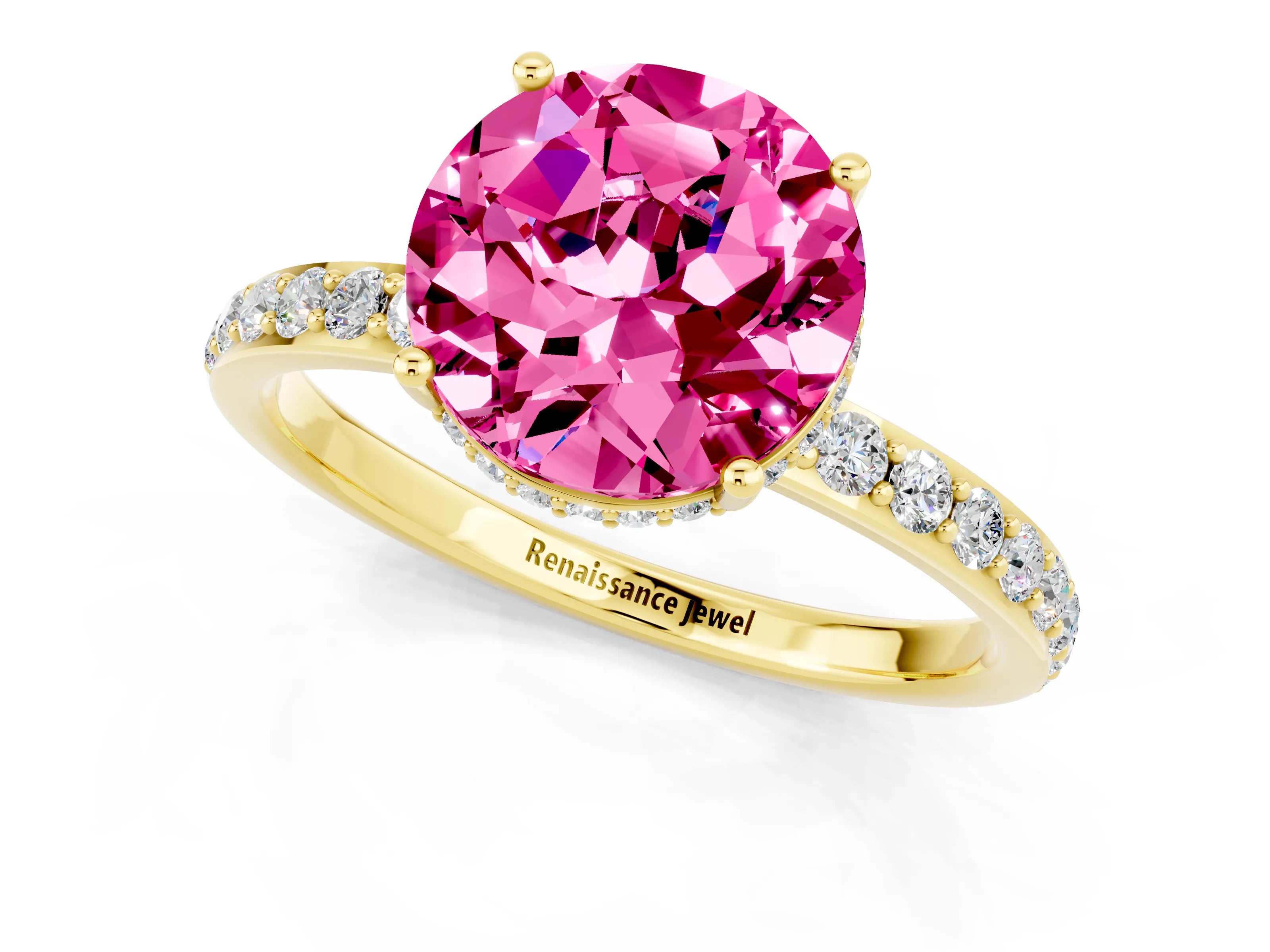 Yellow gold Round Cut Pink Sapphire Solitaire Ring with Pavé Band and Hidden Halo_13