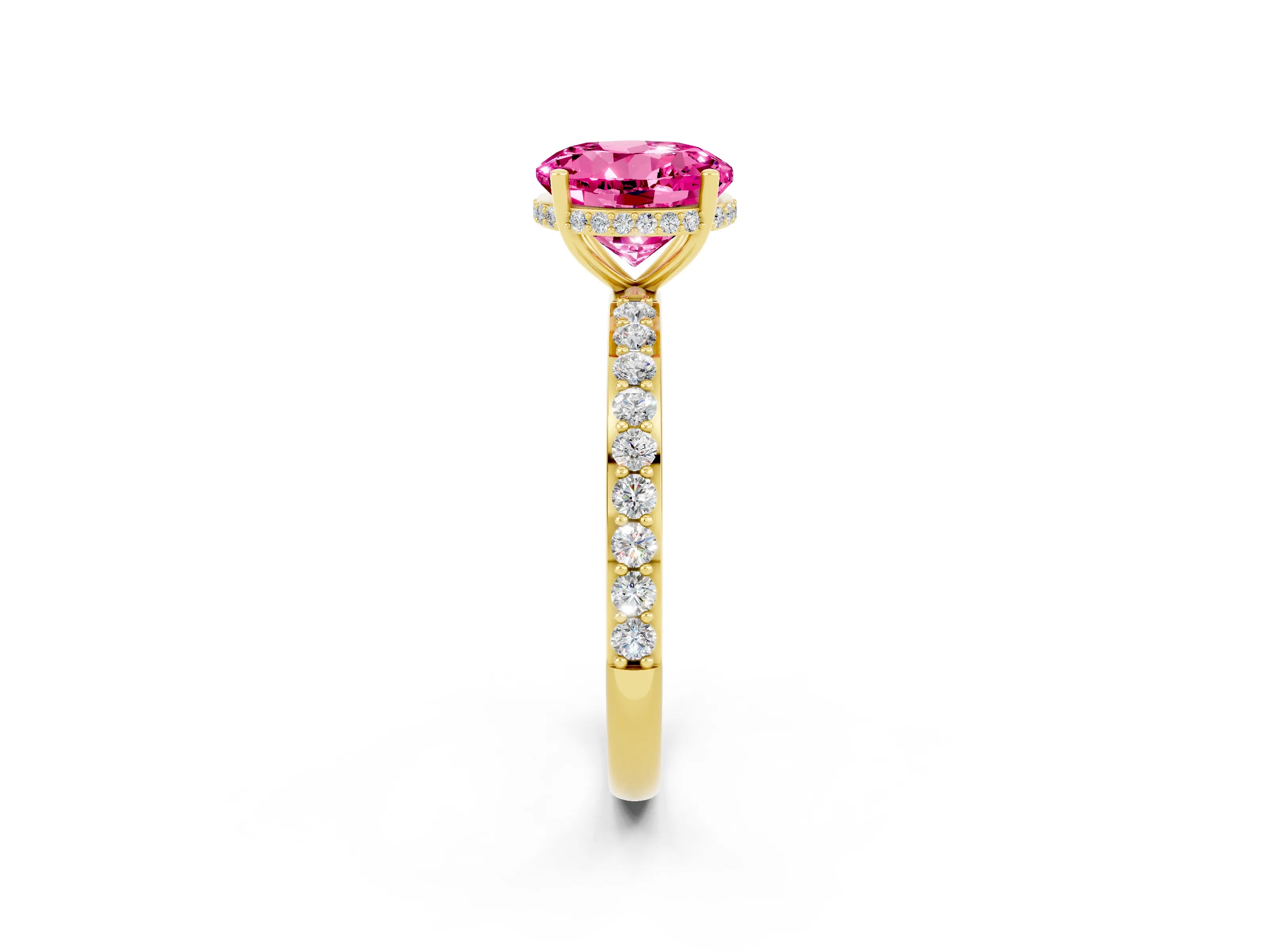 Yellow gold Round Cut Pink Sapphire Solitaire Ring with Pavé Band and Hidden Halo_14