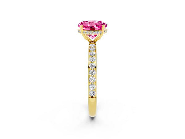 Yellow gold Round Cut Pink Sapphire Solitaire Ring with Pavé Band and Hidden Halo