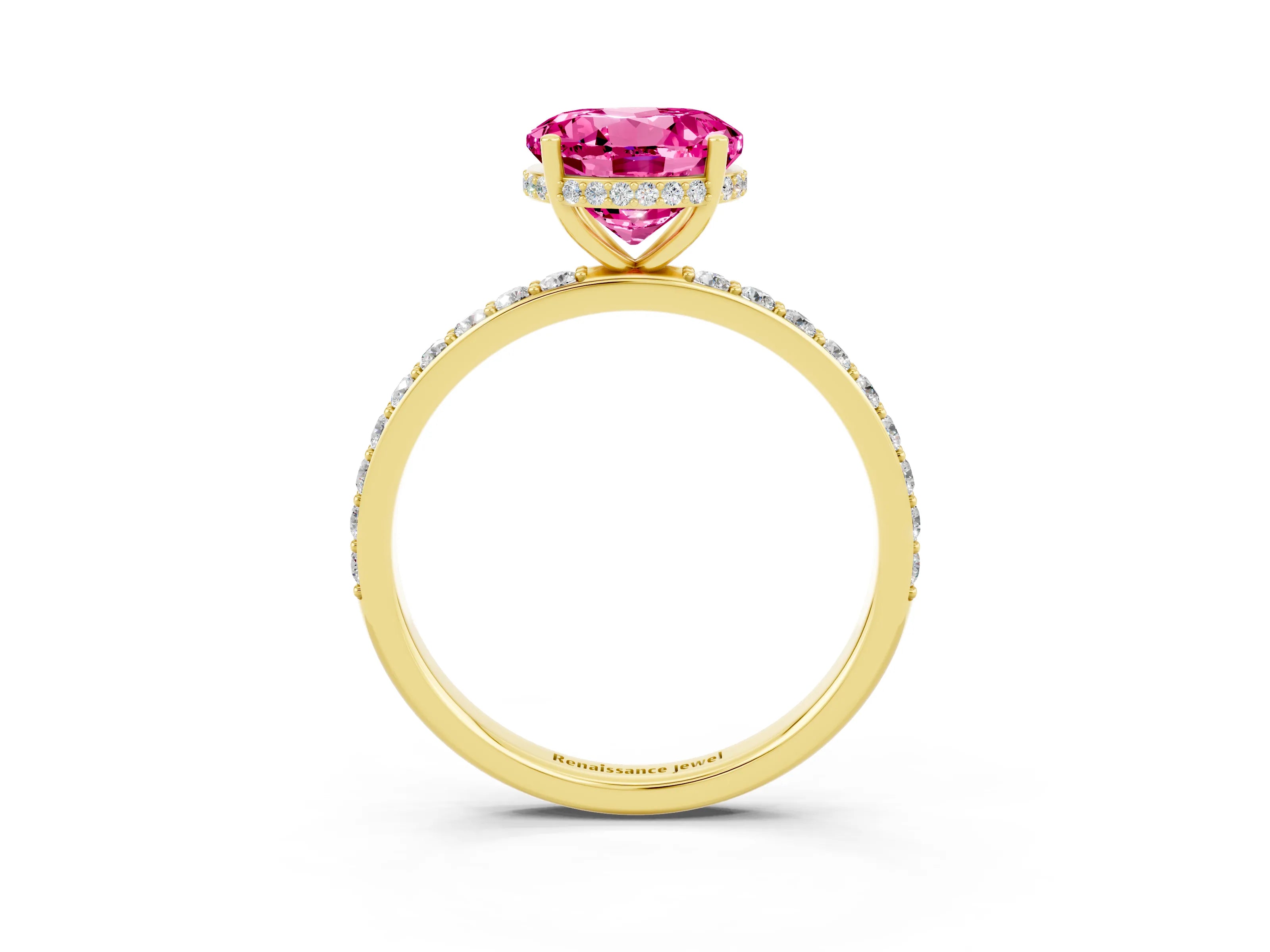 Yellow gold Round Cut Pink Sapphire Solitaire Ring with Pavé Band and Hidden Halo_15
