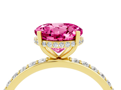 Yellow gold Round Cut Pink Sapphire Solitaire Ring with Pavé Band and Hidden Halo_16