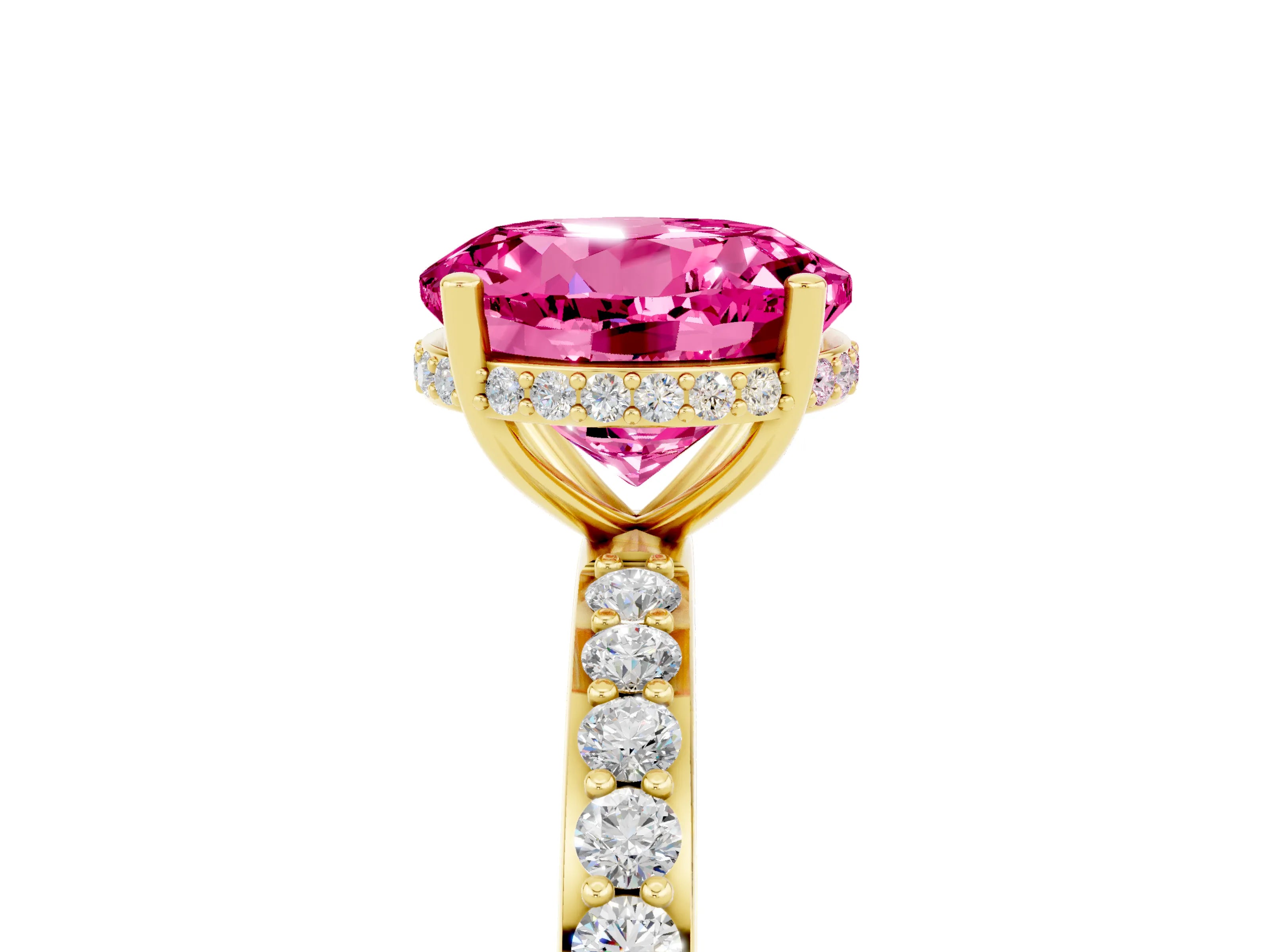Yellow gold Round Cut Pink Sapphire Solitaire Ring with Pavé Band and Hidden Halo_17