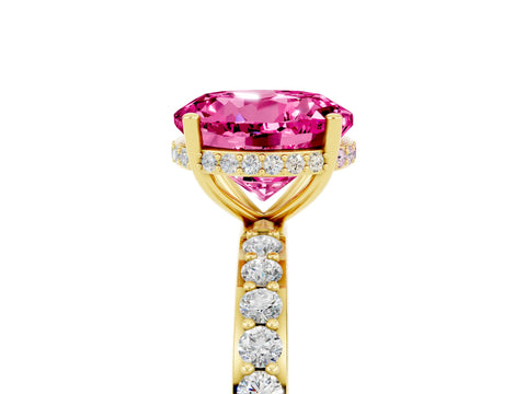 Yellow gold Round Cut Pink Sapphire Solitaire Ring with Pavé Band and Hidden Halo_17