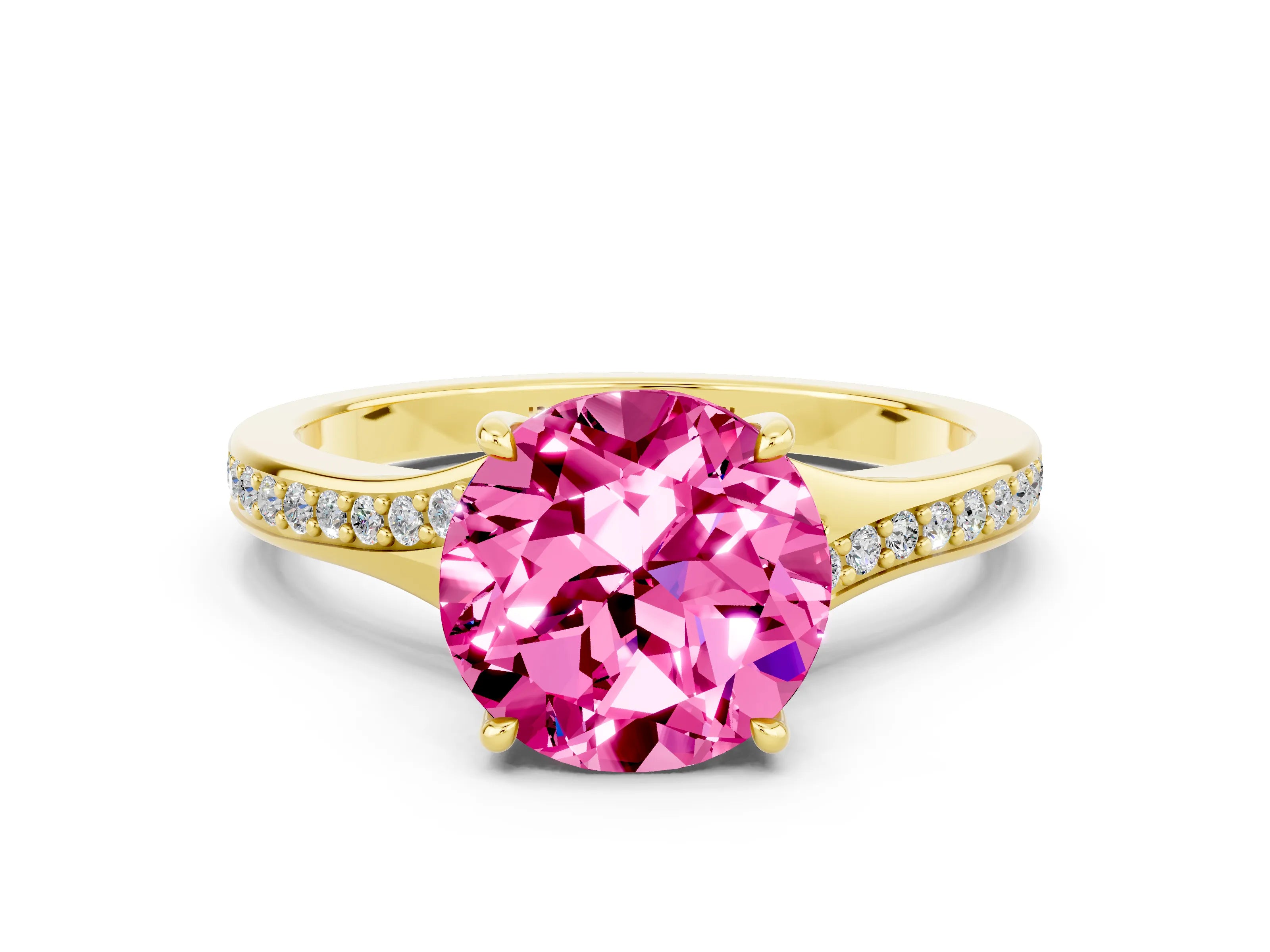 Yellow gold Round Cut Pink Sapphire Solitaire Ring with Pavé Band and Prong Setting_12