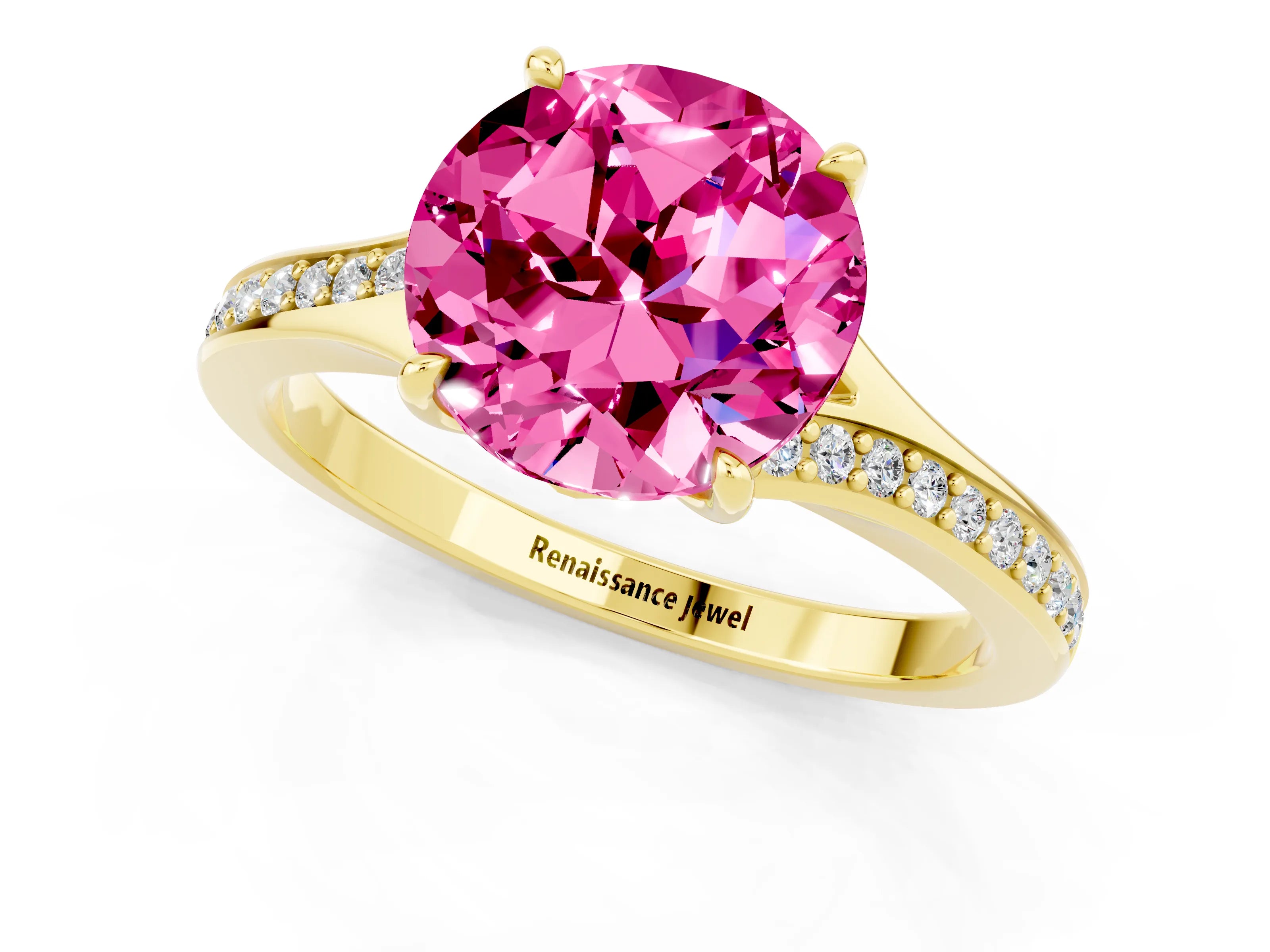 Yellow gold Round Cut Pink Sapphire Solitaire Ring with Pavé Band and Prong Setting_13