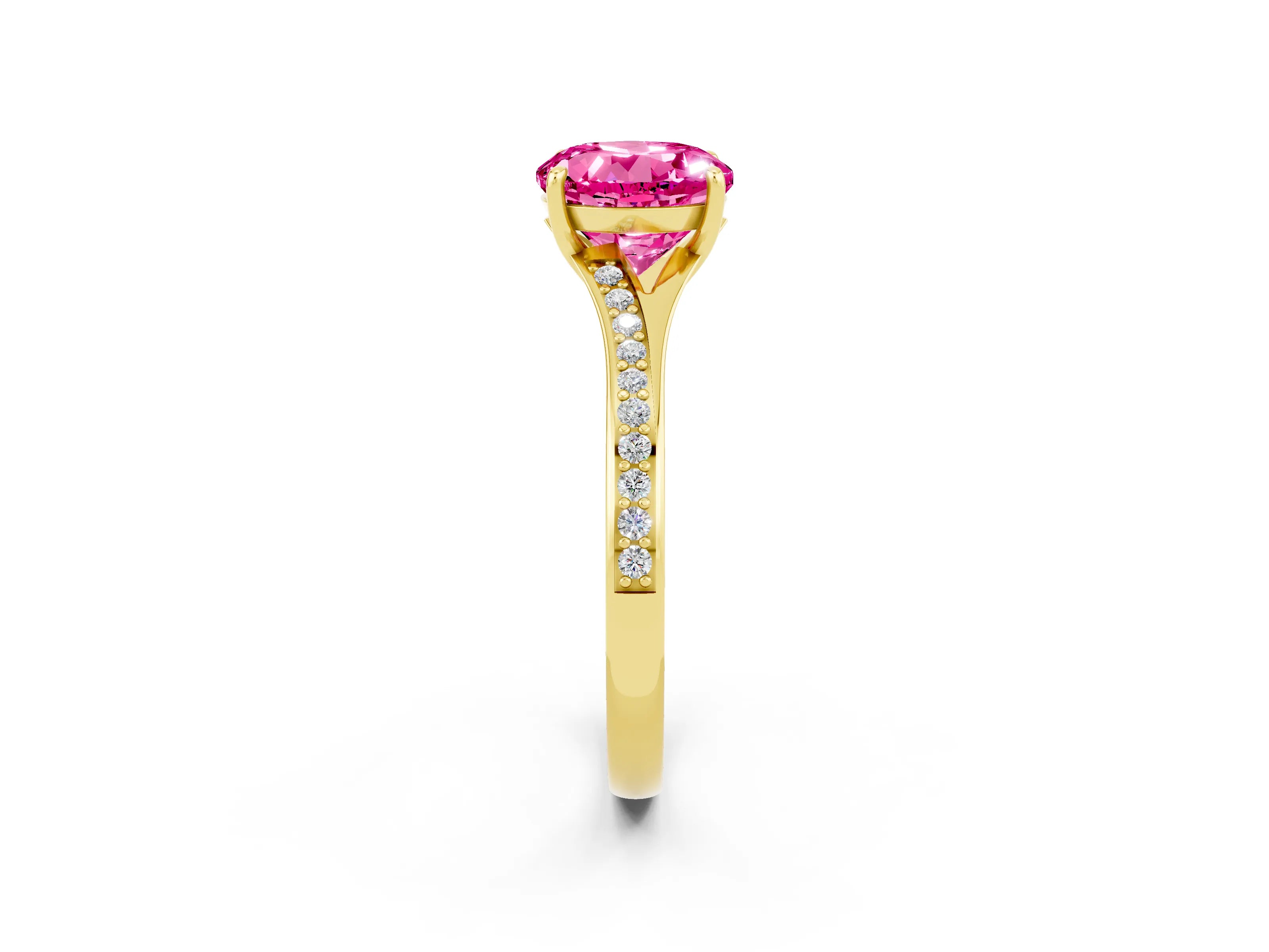 Yellow gold Round Cut Pink Sapphire Solitaire Ring with Pavé Band and Prong Setting_14