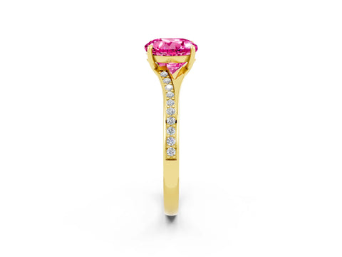 Yellow gold Round Cut Pink Sapphire Solitaire Ring with Pavé Band and Prong Setting_14