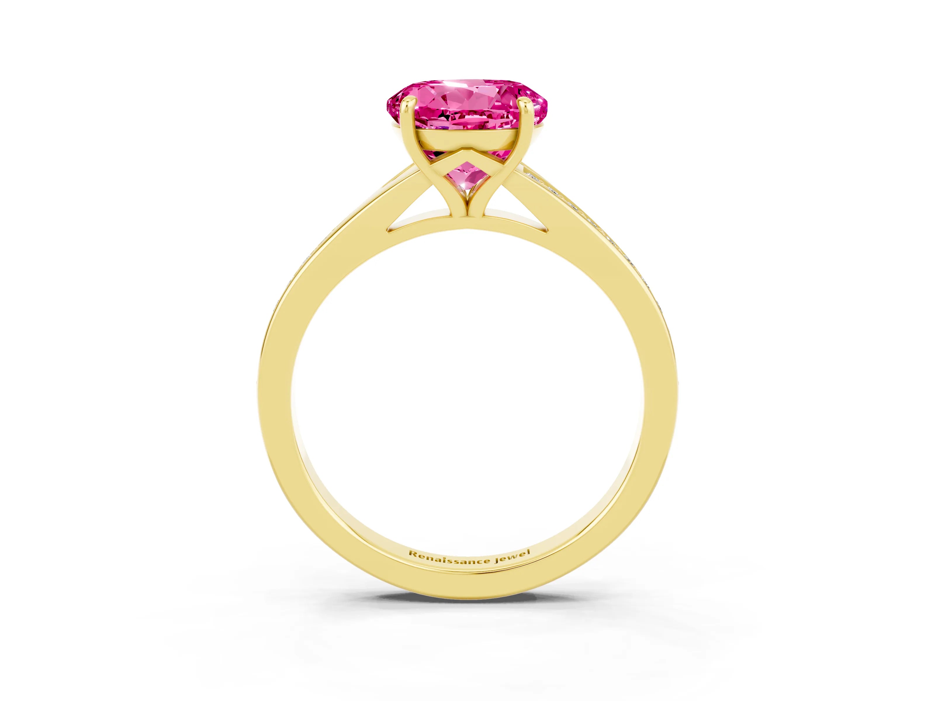 Yellow gold Round Cut Pink Sapphire Solitaire Ring with Pavé Band and Prong Setting_15
