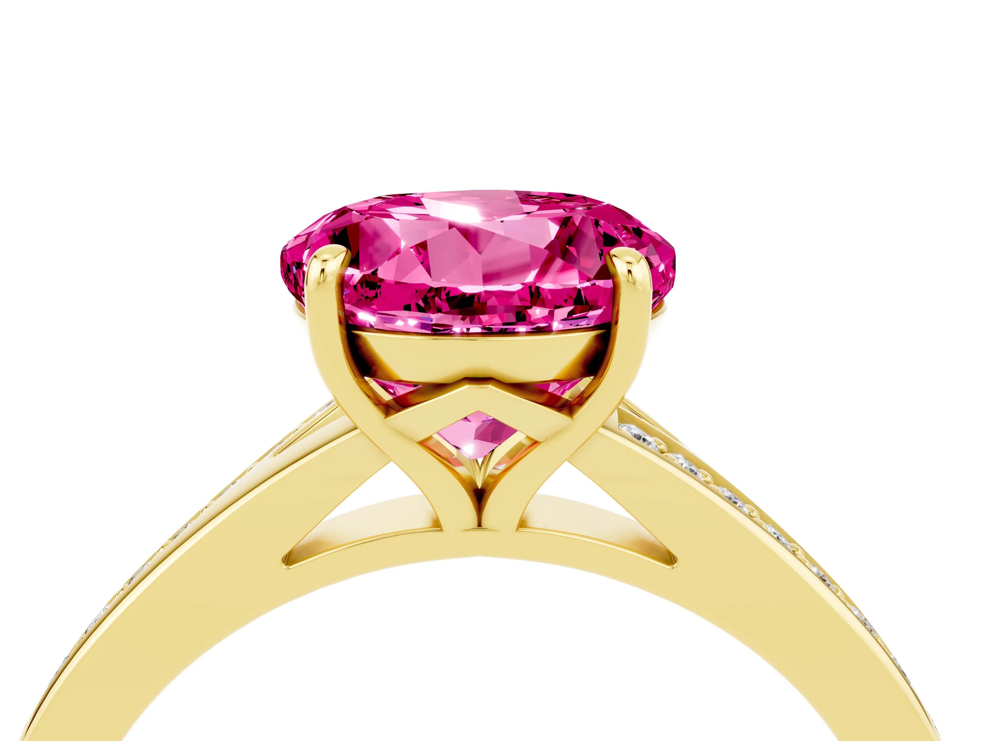 Yellow gold Round Cut Pink Sapphire Solitaire Ring with Pavé Band and Prong Setting_16