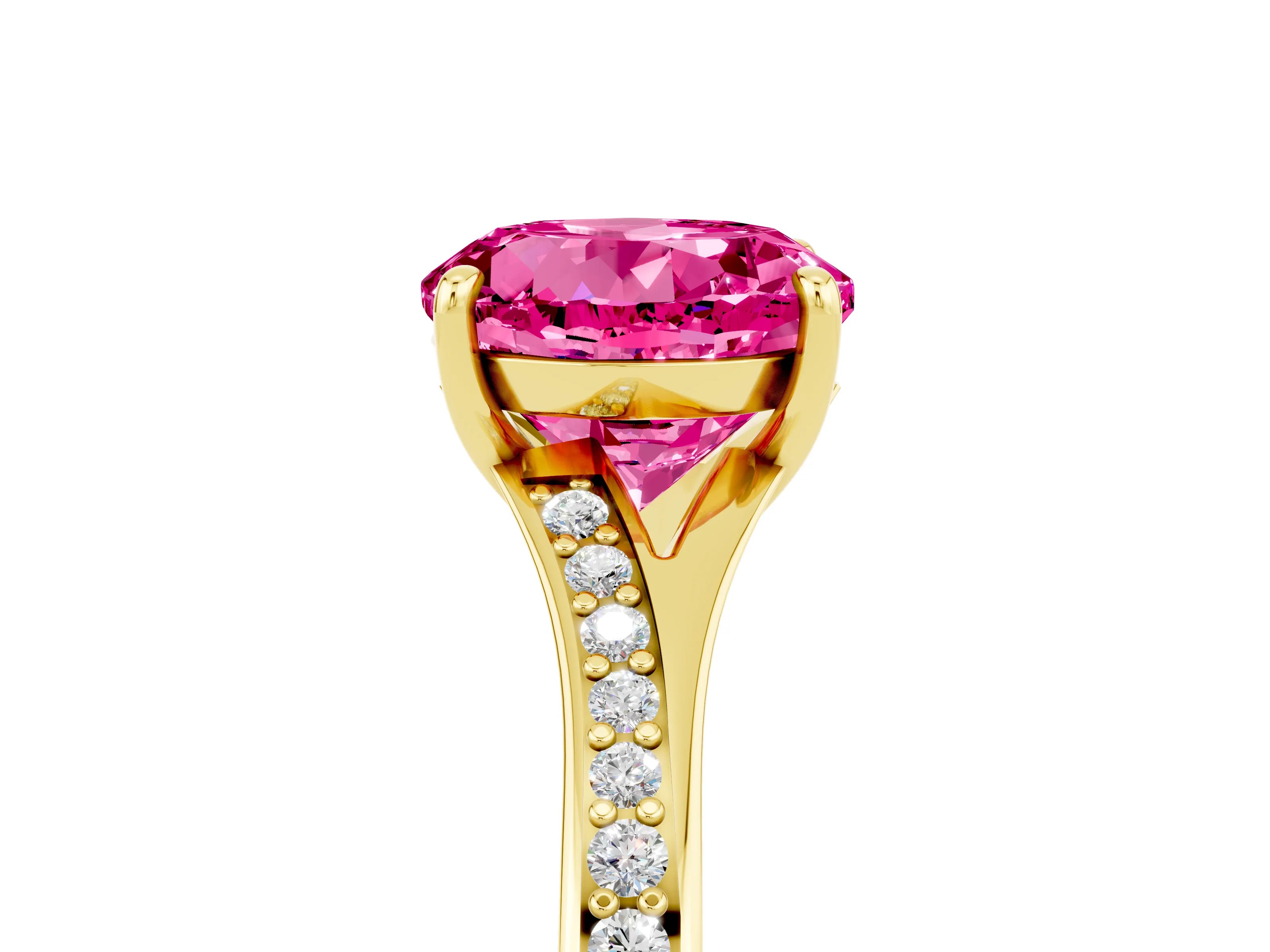 Yellow gold Round Cut Pink Sapphire Solitaire Ring with Pavé Band and Prong Setting_17