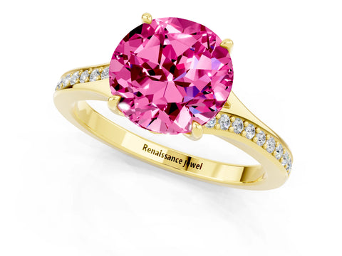 Yellow gold Round Cut Pink Sapphire Solitaire Ring with Pavé Band and Prong Setting_1